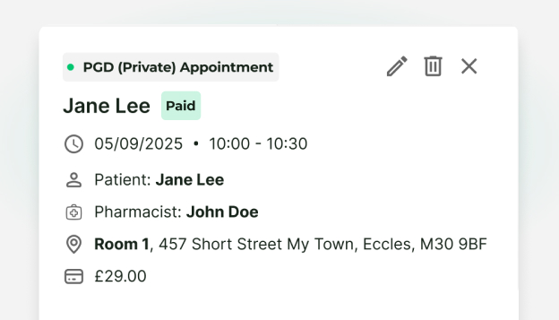 Close up of an appointment card in Deltera
