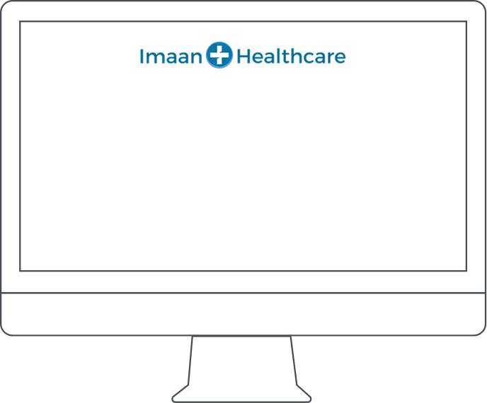 iMac outline with Imaan Healthcare Pharmacy logo