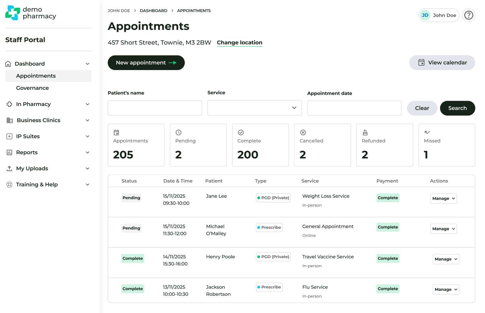 Deltera Appointments dashboard UI