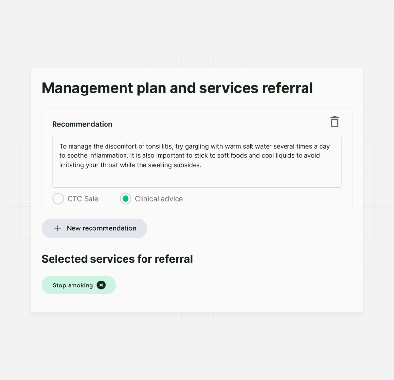 Deltera Prescribe consultation UI - management plan