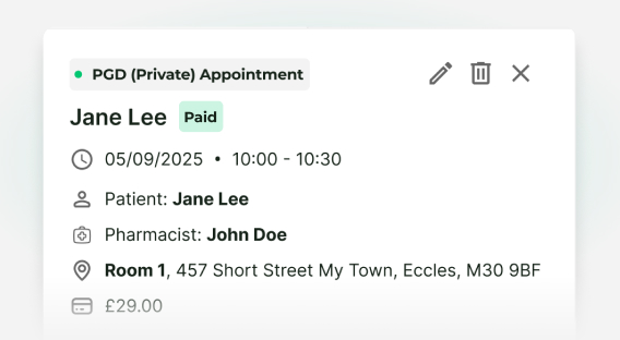 Deltera appointment card UI