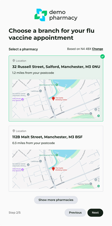 Selecting pharmacy for flu appointment