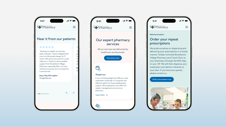 Three iPhones showing the Broadstone Village Pharmacy website