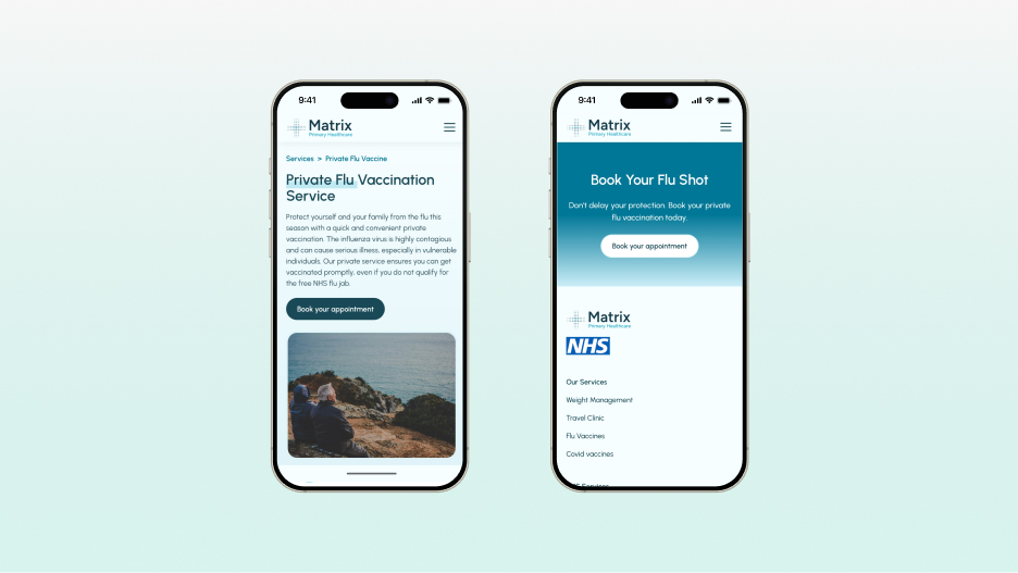 Two iphones showing the Matrix Pharmacy website