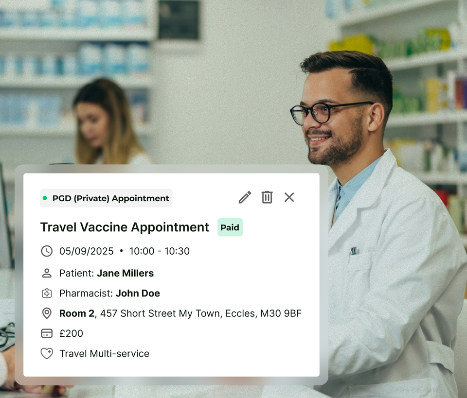 Pharmacist starting travel vaccine appointment using Deltera