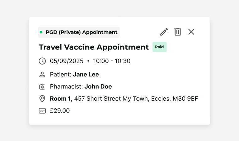 Appointment card in Deltera platform