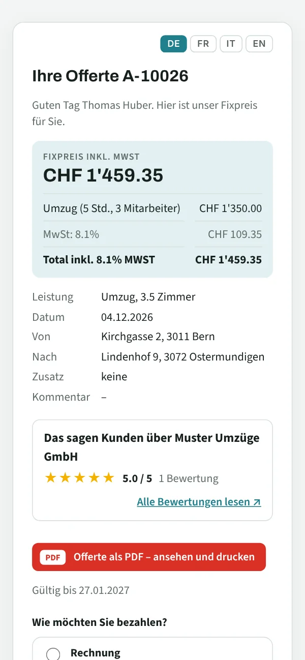 So sieht der Kunde die Offerte auf dem Handy