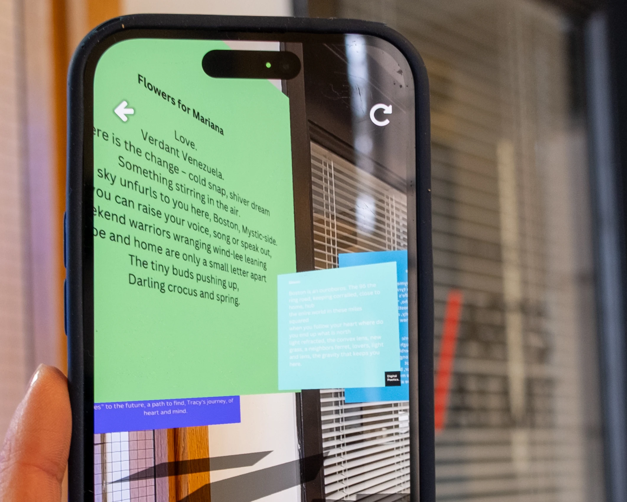 A poem written by Monica Storss viewed on a screen using augmented reality. Credit: HErickson.