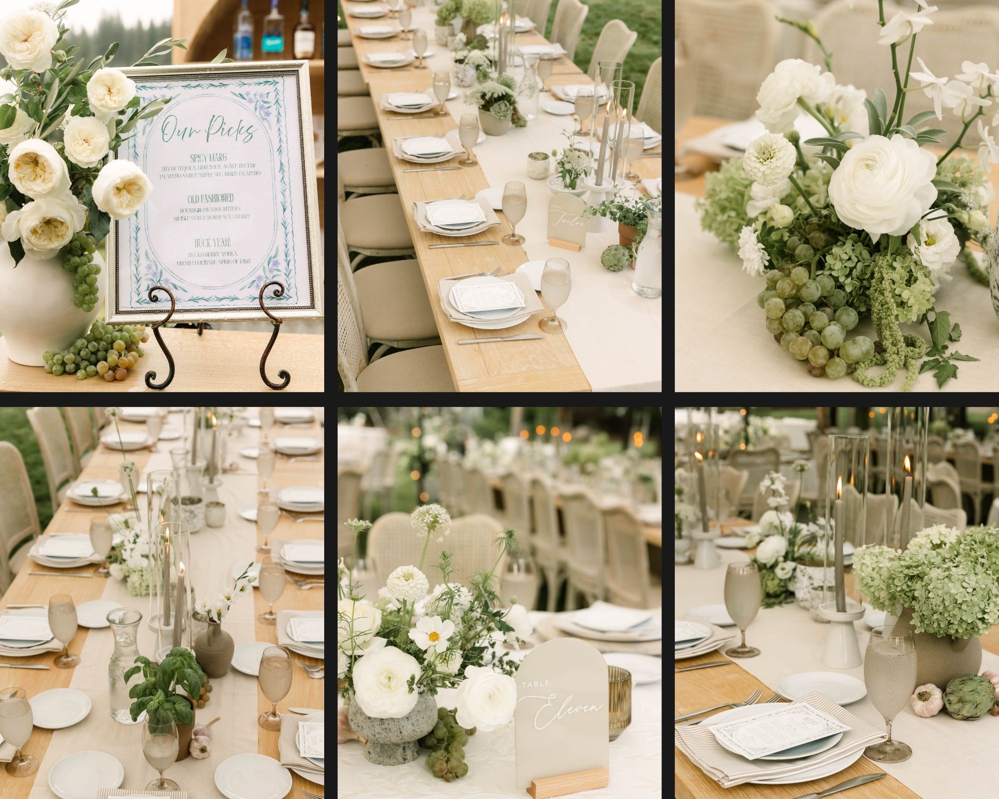 Several images showing different fruits, vegitables and herbs alongside flowers at a wedding in an Italian theme