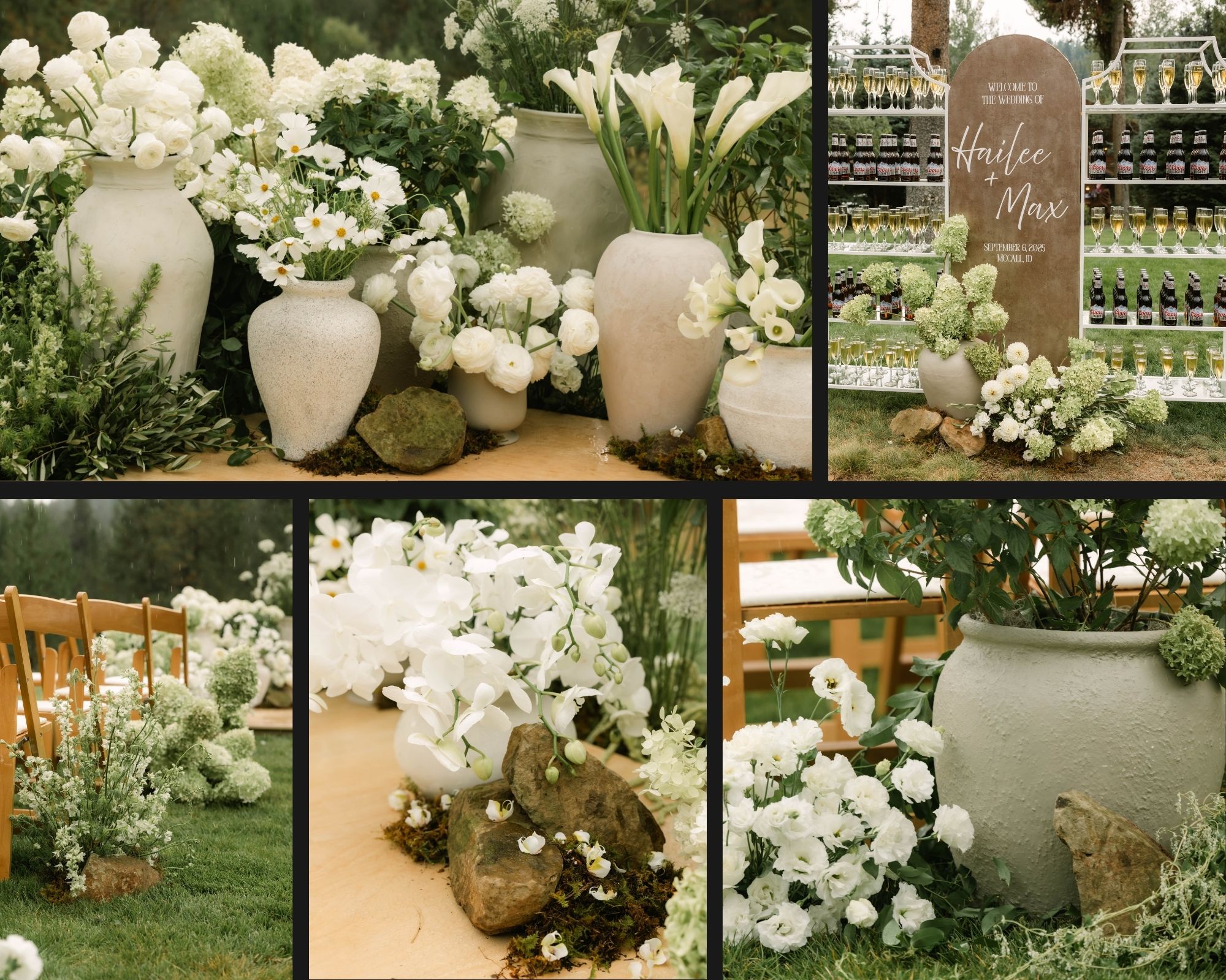 Several Images showing moss and natural stones worked into wedding floral decor for an Italian inspired look