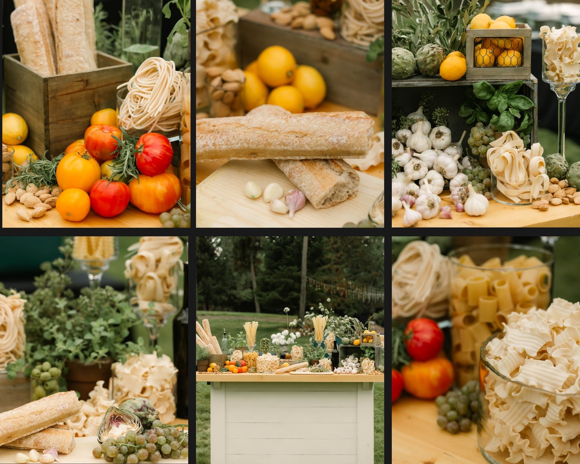 Several images of a dry pasta bar with fresh tomatoes, herbs, garlic, lemons, olives, bread and flowers. A decorative display for an Italian theme wedding.