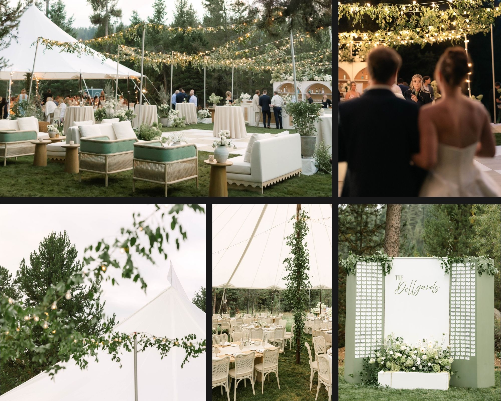 Several images showing hanging foliage installations at an Italian theme wedding