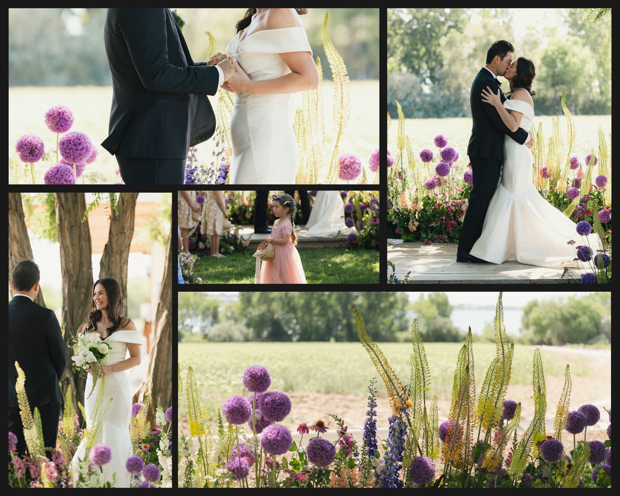 Bride and groom during their wedding ceremony surrounded by wild flowers