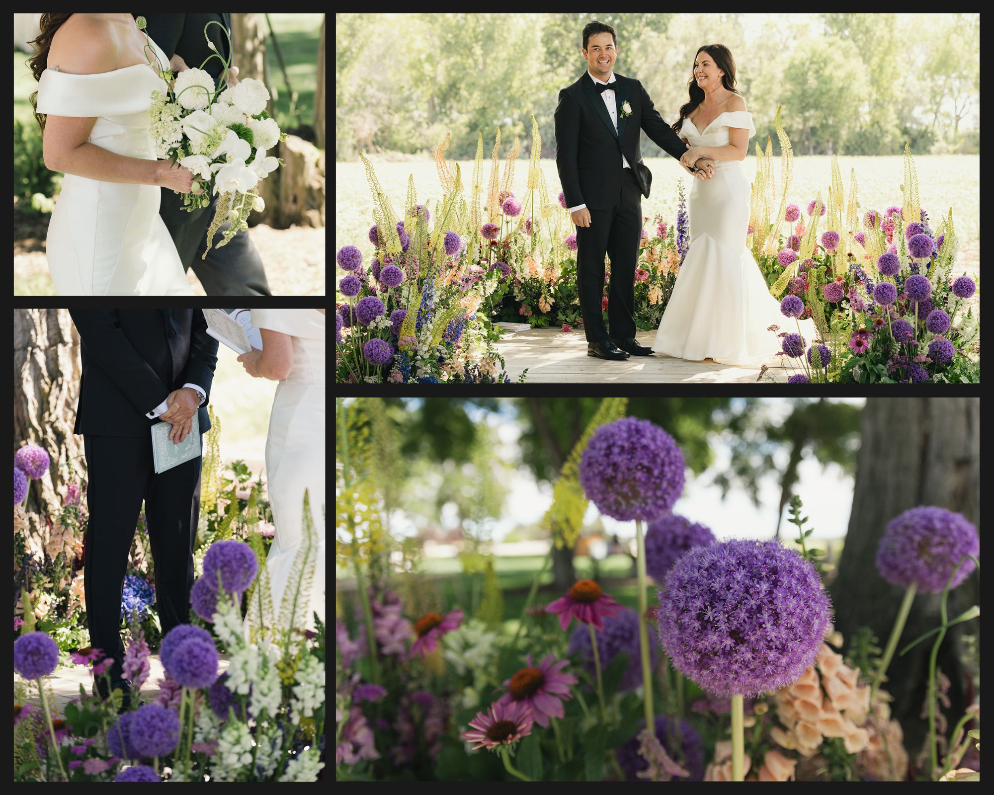 Bride and Groom with a wildflower floral meadow around them at their ceremony