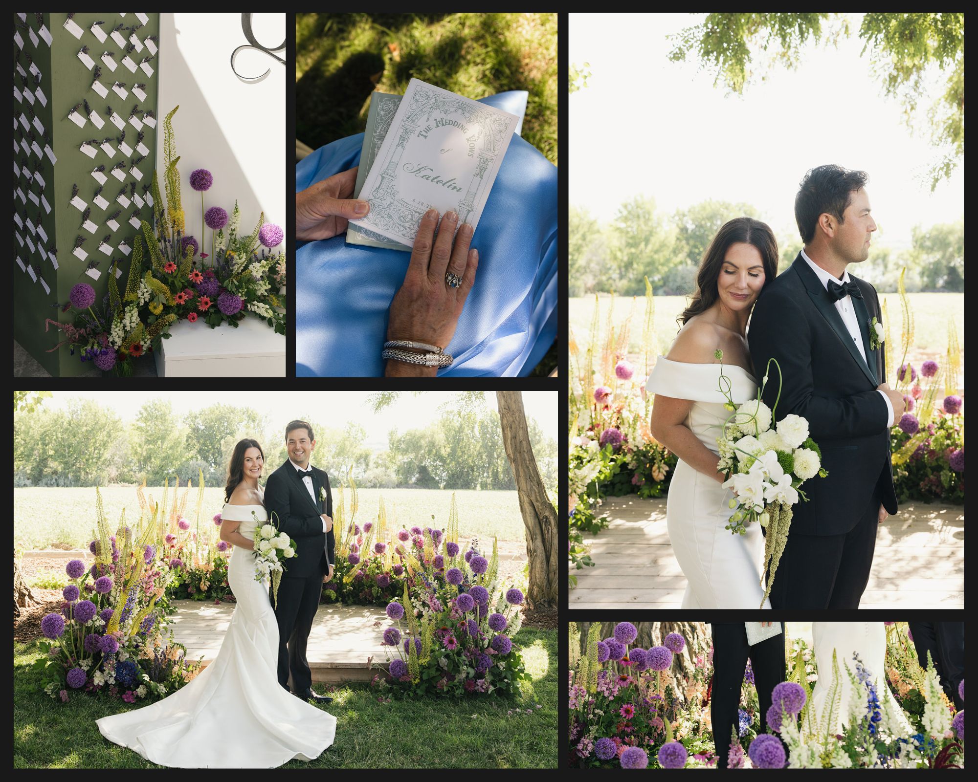 A collection of Images showing a wildflower wedding with allium and foxtail lilies