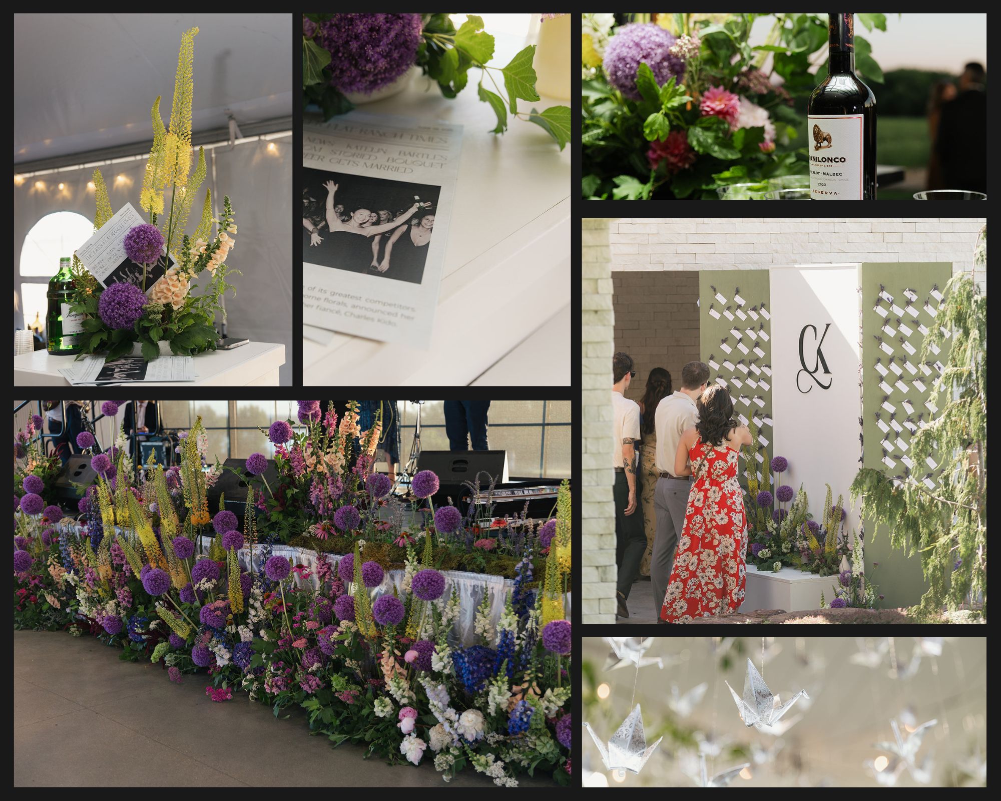 Detail shots of a wildflower wedding with bar arrangements, floral meadow in front of the bands stage, and hanging crane installation