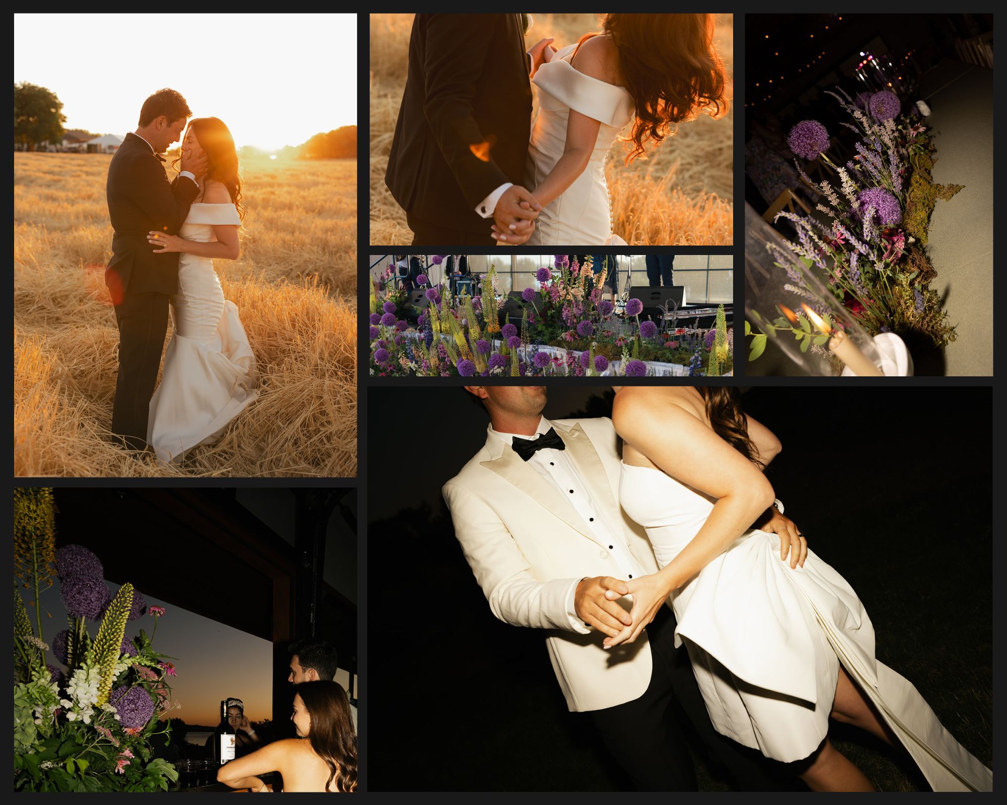 A collection of photos with a bride and groom at dusk in the fields at Deer Flat Ranch in Nampa, ID as well as images of the wild flower meadow and centerpieces.