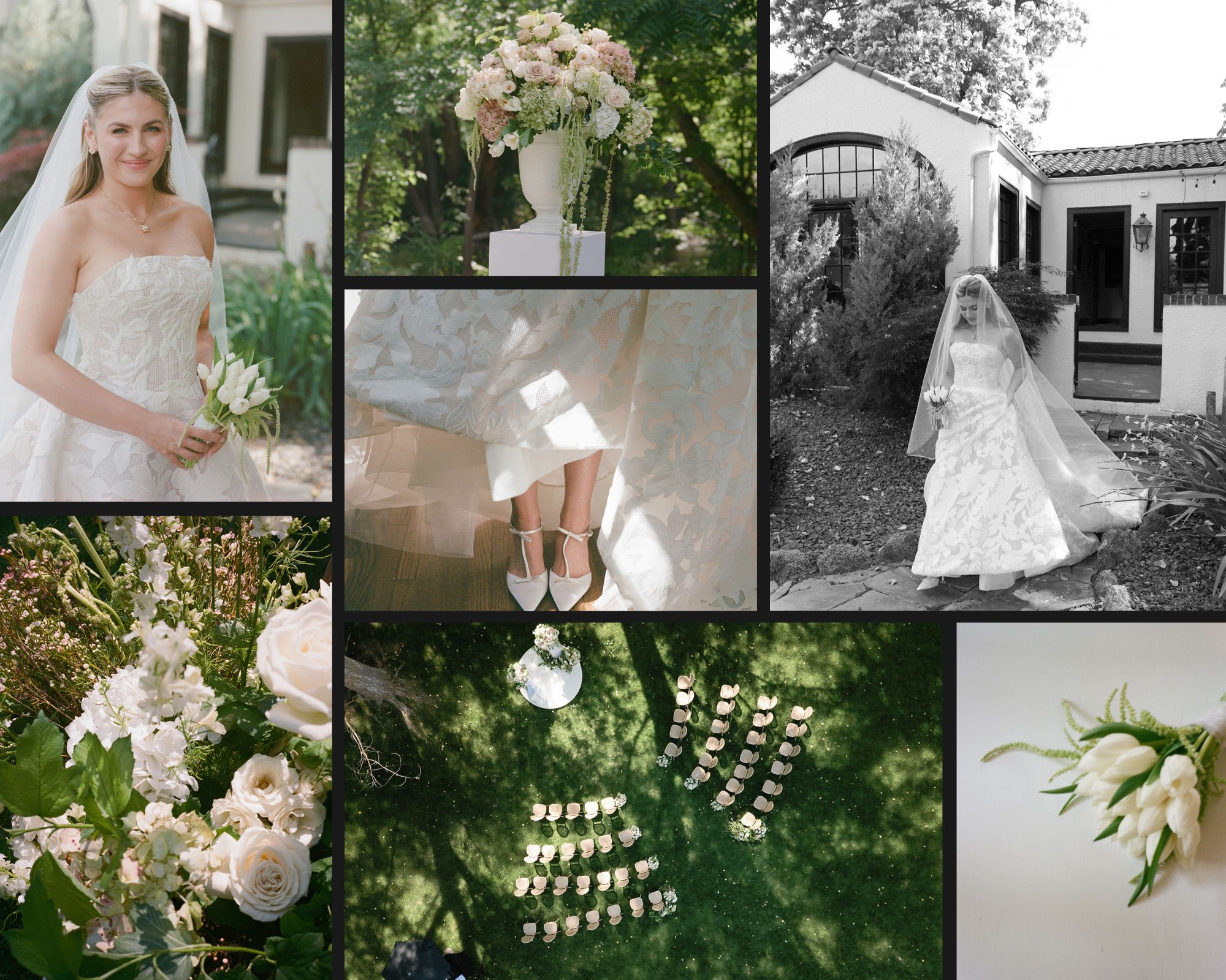 Several images of a French garden wedding at The Cottage at Riverbend