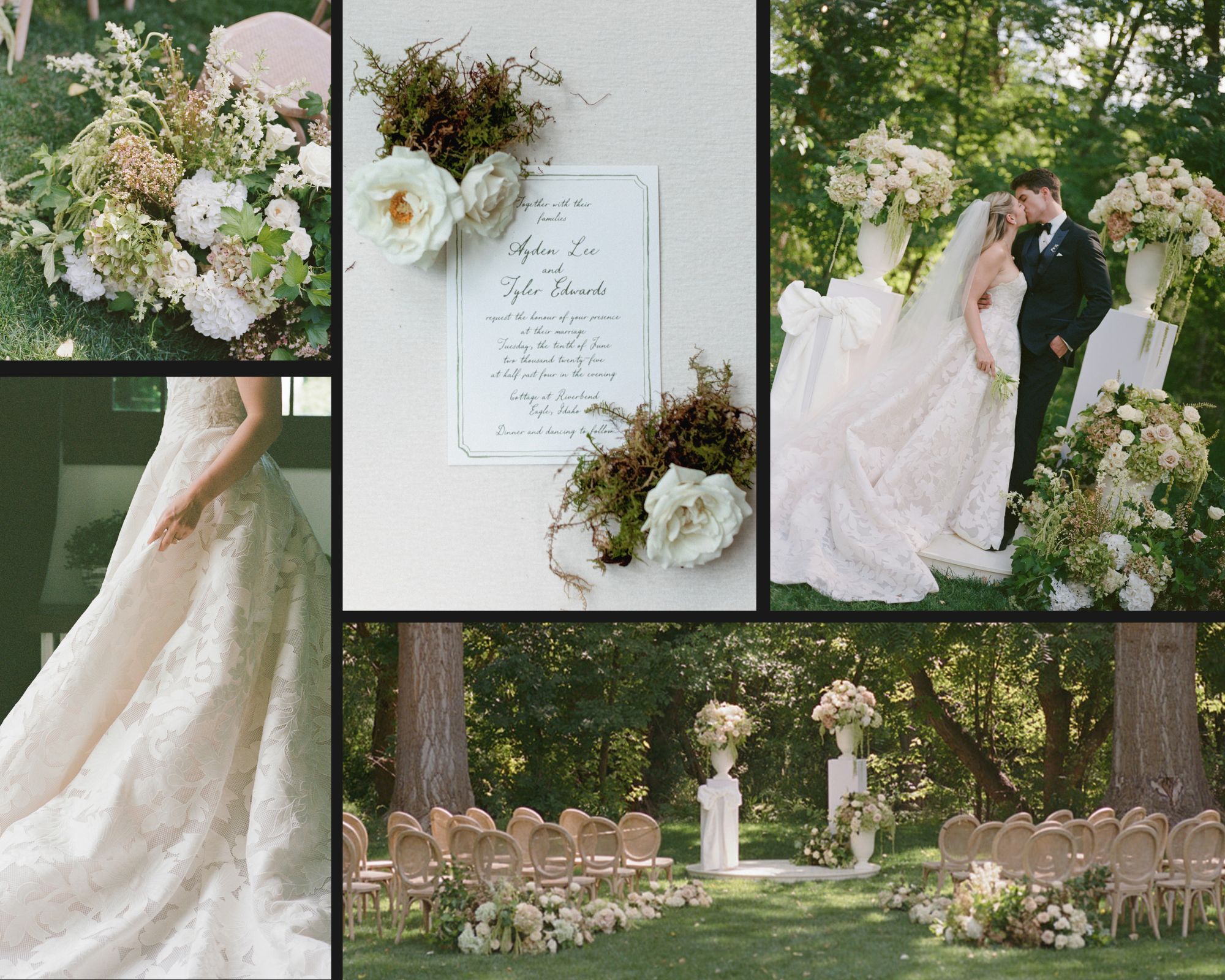 Several images of a French garden inspired wedding at The Cottage at Riverbend