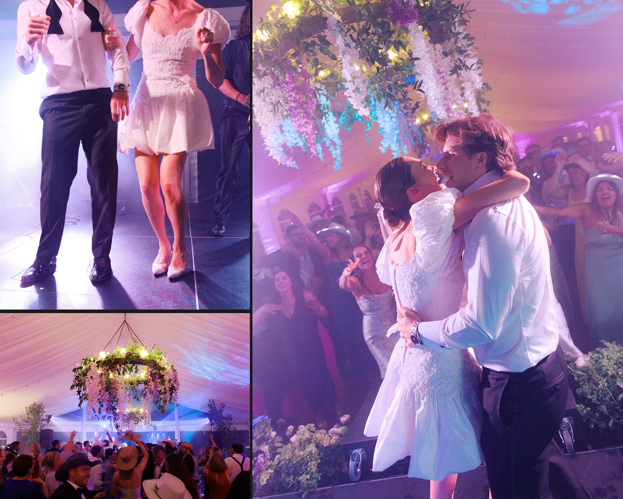 High-energy wedding dance floor at Trail Creek Cabin featuring hanging greenery and live band lighting.