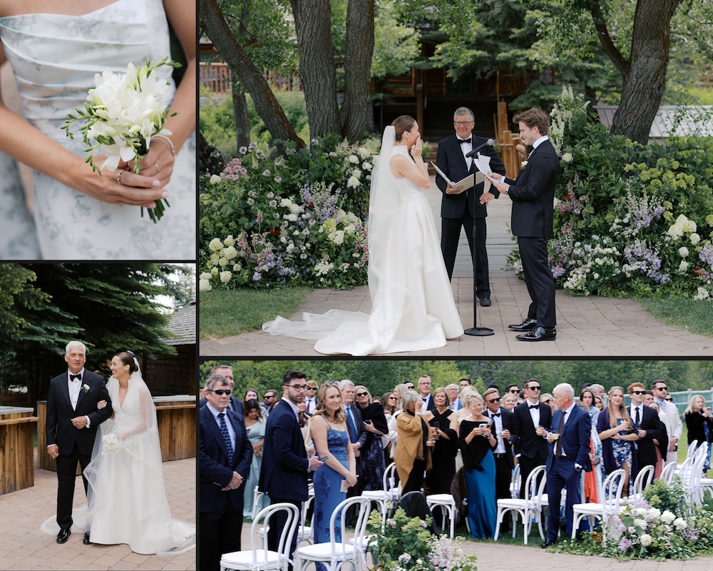 Outdoor wedding ceremony at Trail Creek Cabin in Sun Valley with lush garden-style florals lining the aisle.