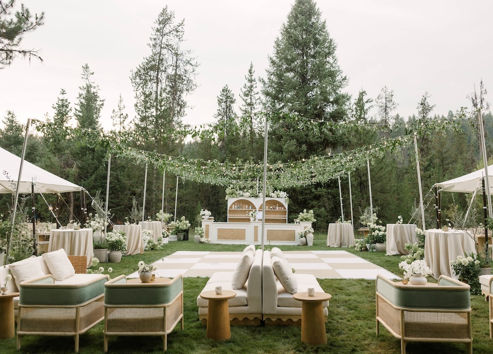 Dance floor and beautiful bar at McCall wedding outdoors