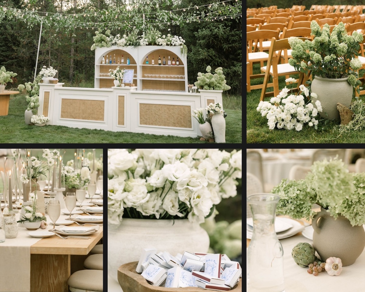 Seeral Images showing custom urns and pottery holding flowers and plants at an Italian theme edding