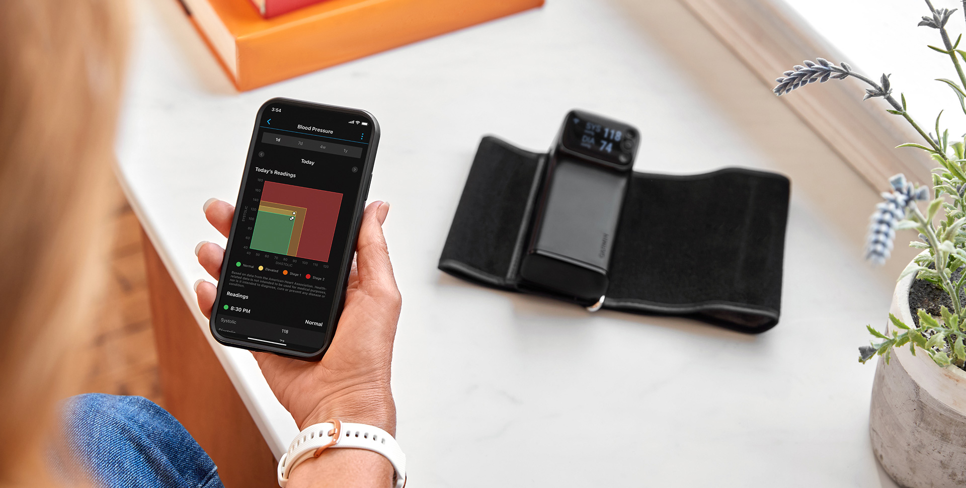 A person holding a Germin health device