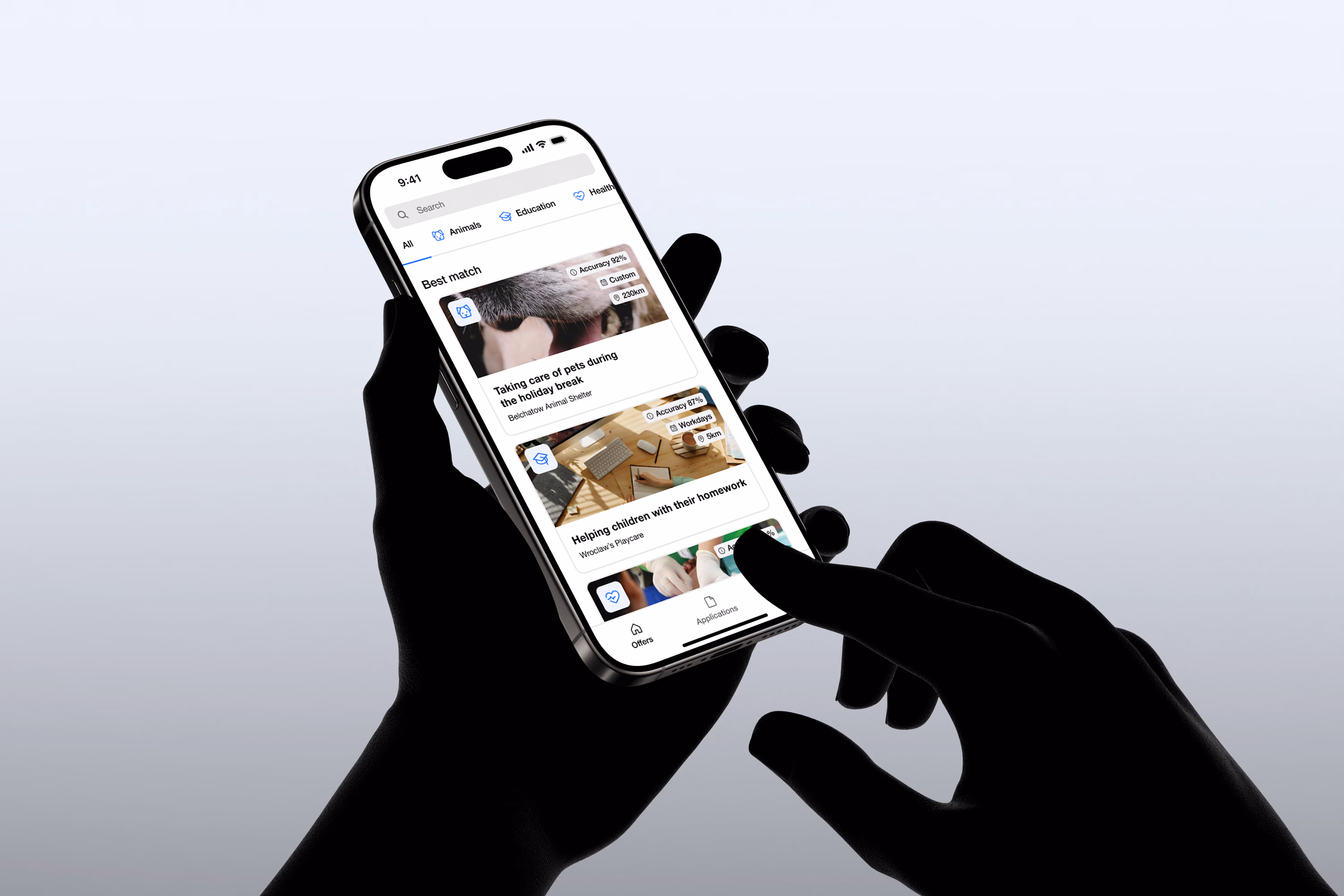 Hands on a backdrop background holding an iPhone 16 Pro with Matchmaking app open