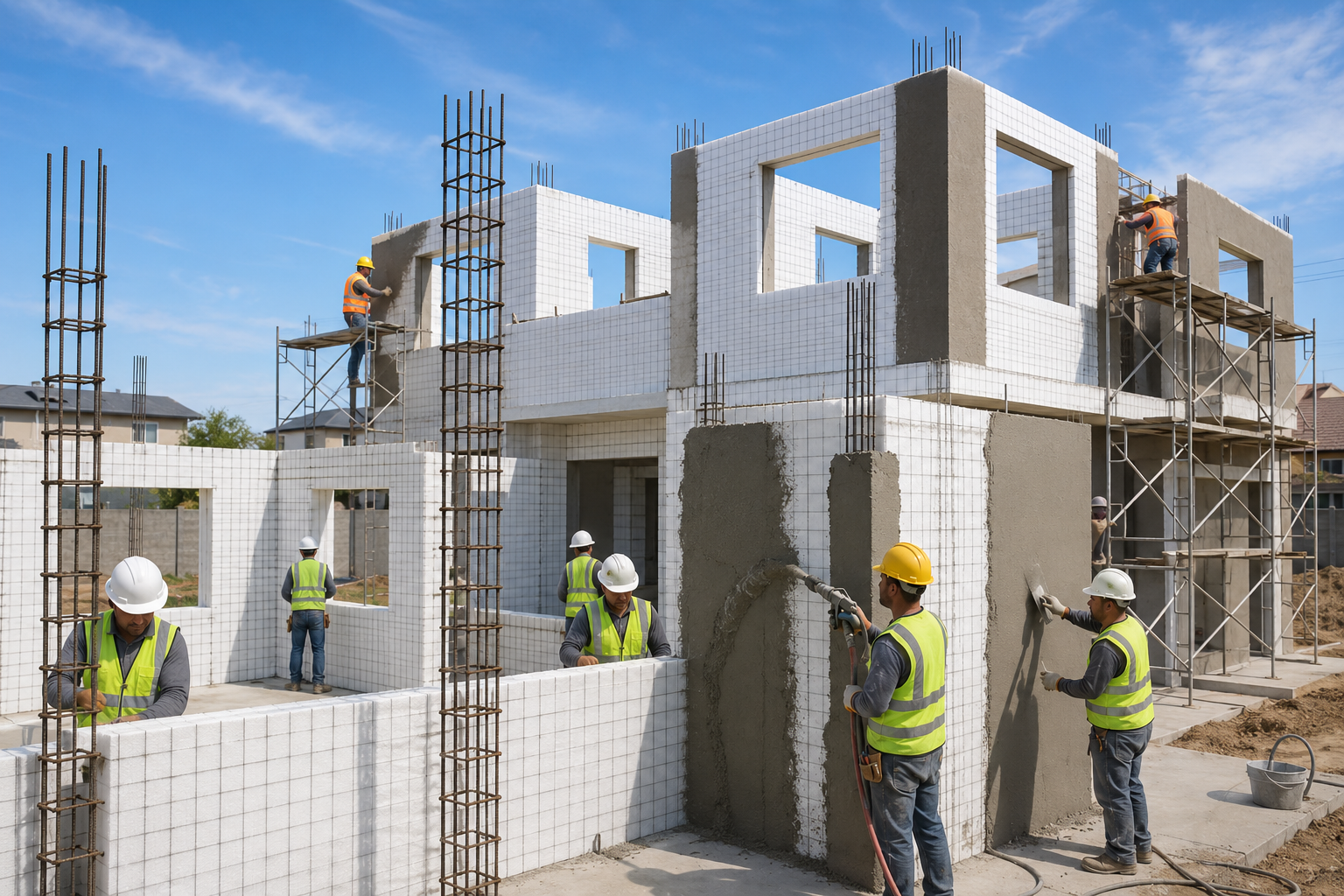 Crew assembling SCIP wall panels on a two-story home