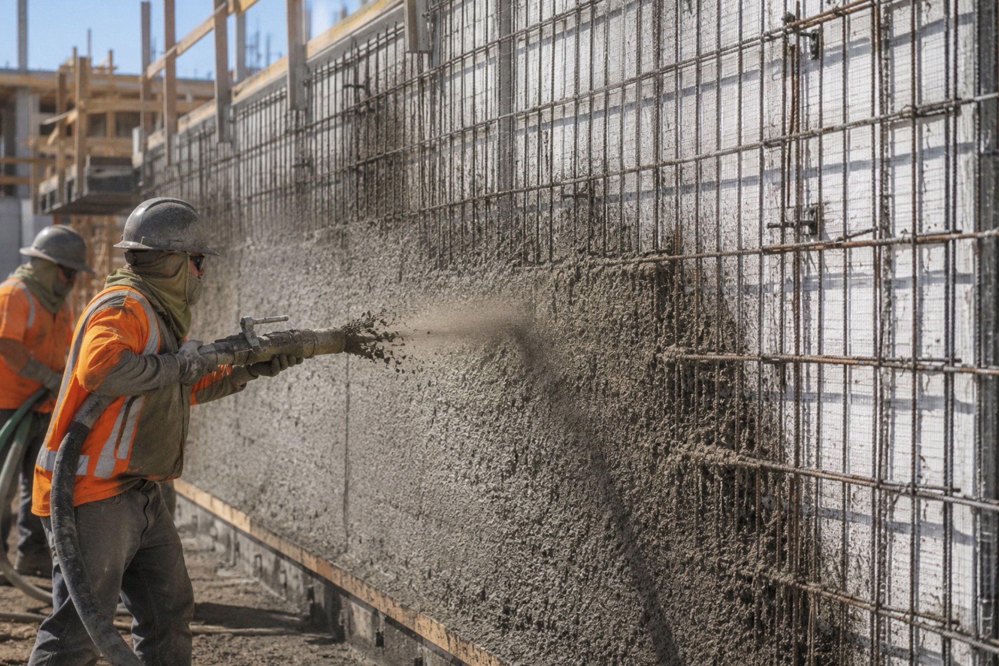 Shotcrete crew coating a SCIP wall assembly with structural mortar