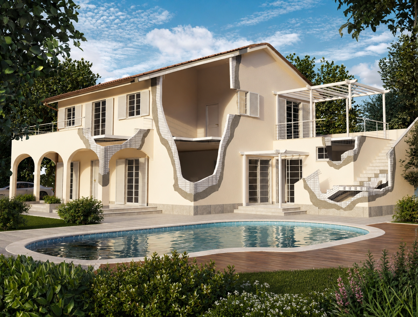 Rendering of a coastal home with cutaway walls revealing the steel-reinforced SCIP concrete shell