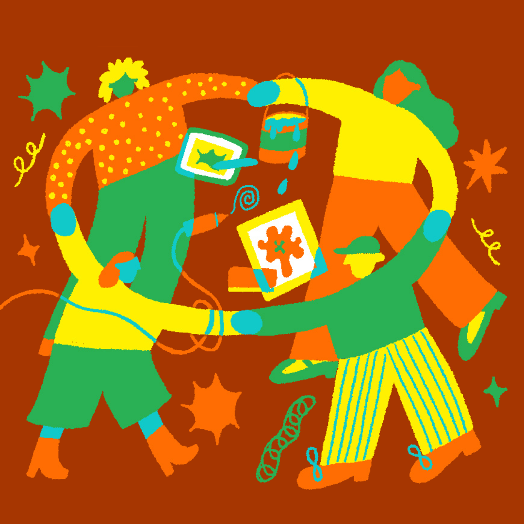 handdrawn graphic of artists holding hands 