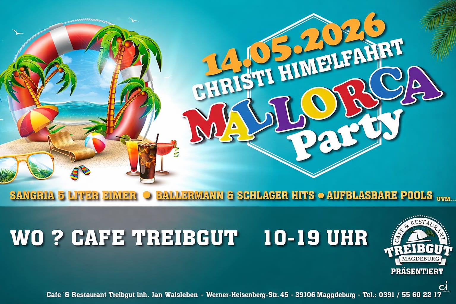 Plakat zur Mallorca Party an Christi Himmelfahrt am 14.05.2026 im Cafe Treibgut in Magdeburg mit Strandmotiv, Palmen, Cocktails, Ballermann- und Schlager-Hits sowie Eventzeit von 10 bis 19 Uhr