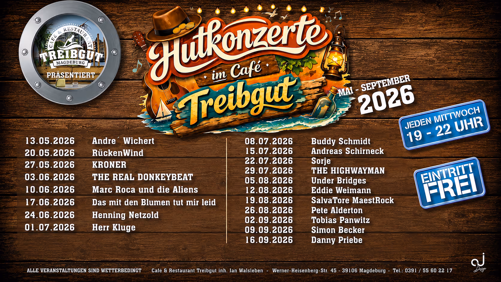 Hutkonzerte 2026 im Treibgut Magdeburg - Übersicht aller Künstlicher mit Datum