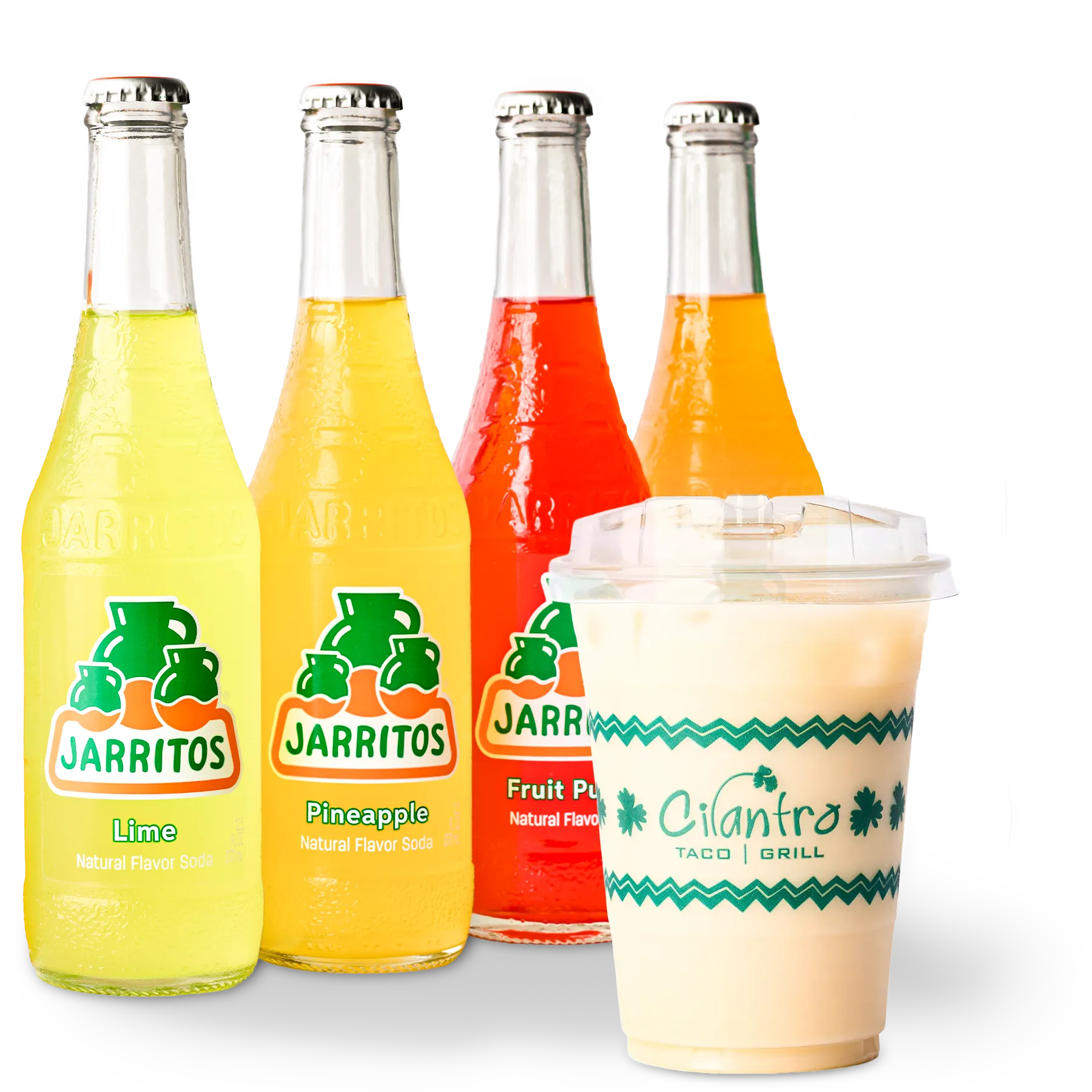 The beverage menu selection at Cilantro Taco Grill, featuring colorful glass bottles of Jarritos soda, classic Mexican Coca-Cola, and a freshly made horchata served in a custom branded cup.