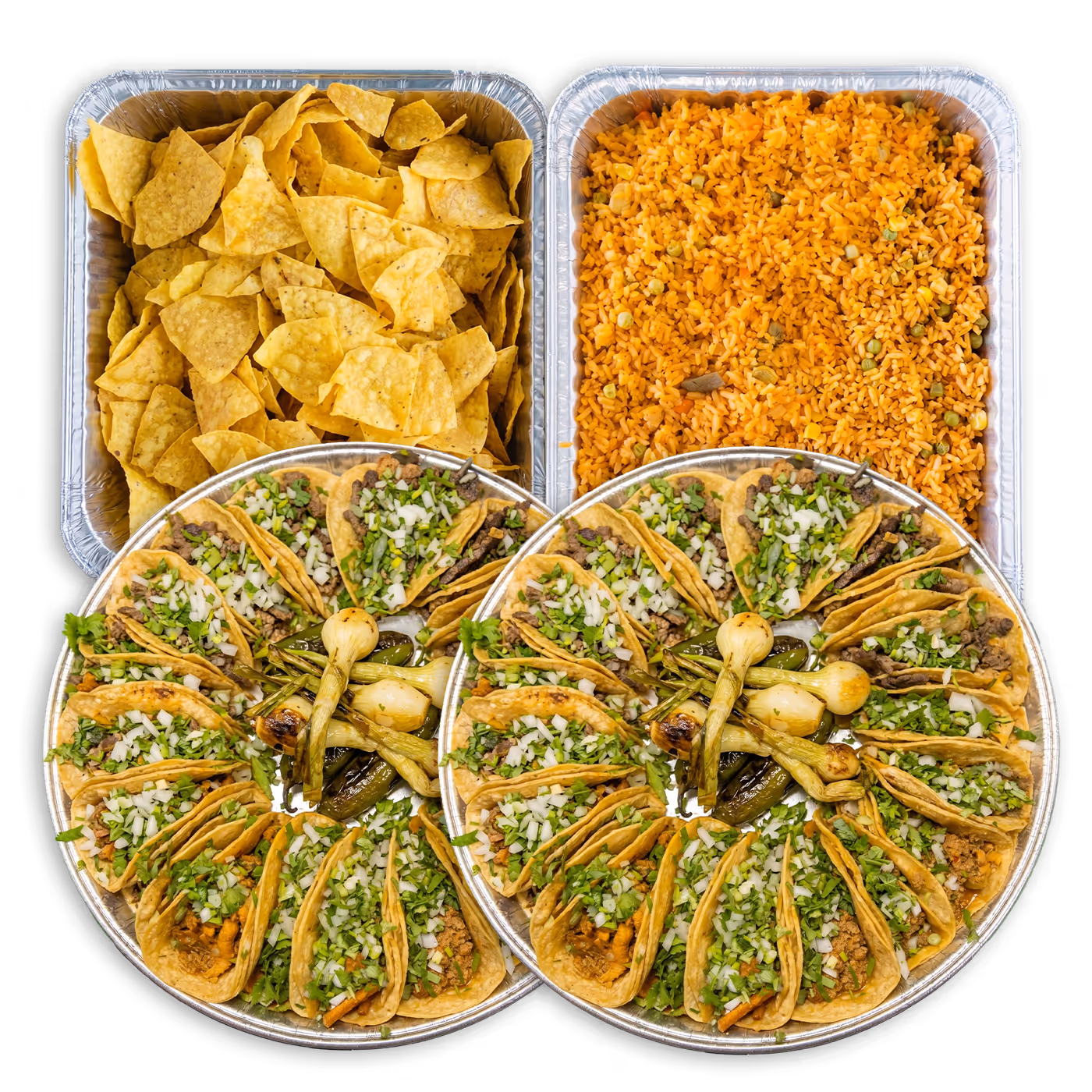 Two trays of assorted tacos with grilled onions, tortilla chips, and seasoned Mexican rice.