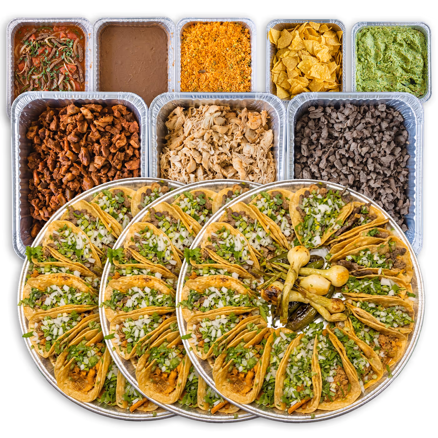 Catering trays with tacos, grilled onions and peppers, chicken, beef, pork, rice, beans, guacamole, and chips.