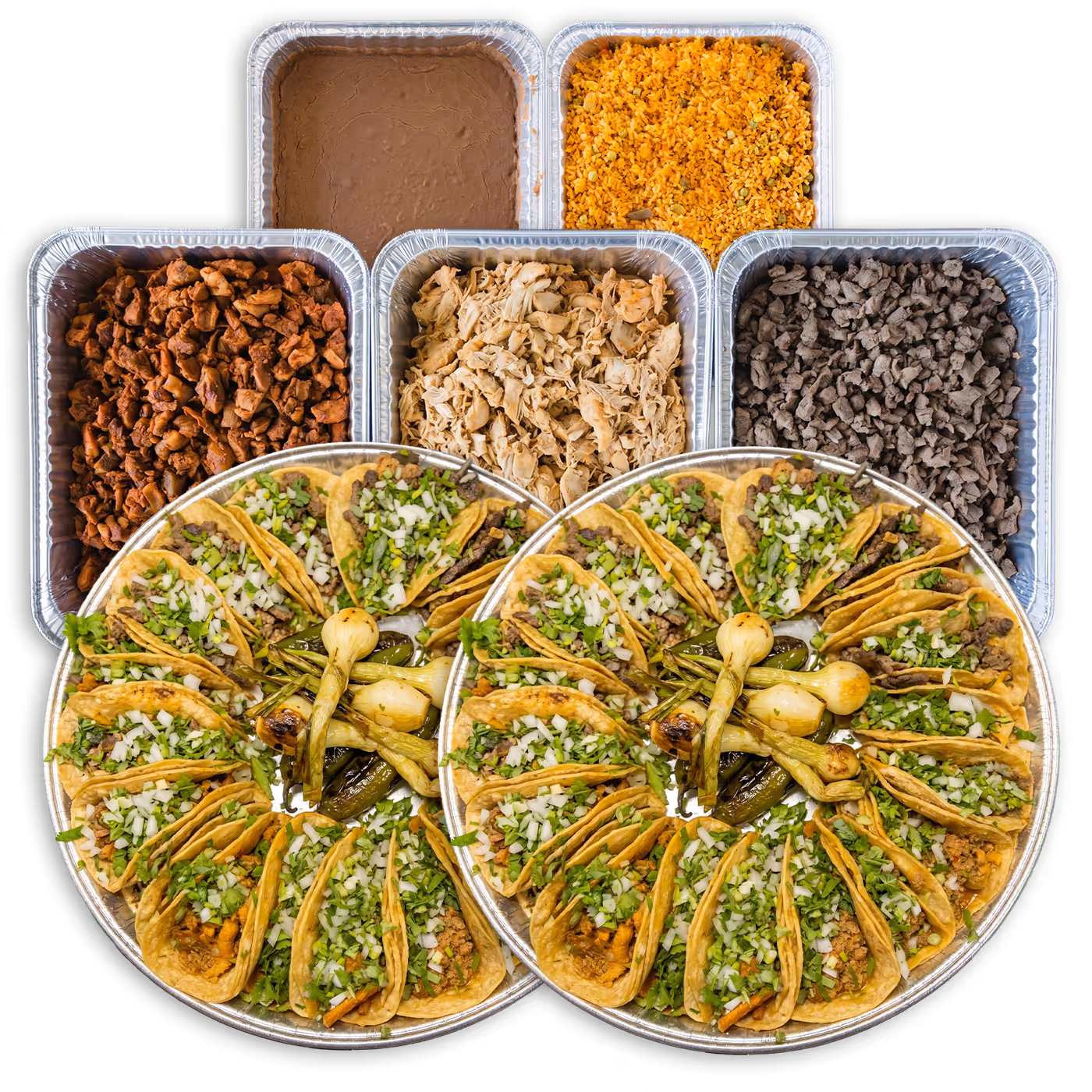 Two trays of assorted tacos with onions and cilantro, with trays of rice, beans, and three meats behind.