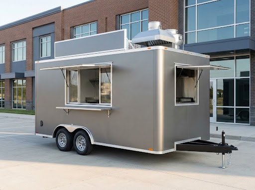 Silver concession food trailer for sale with two service windows and tandem axles