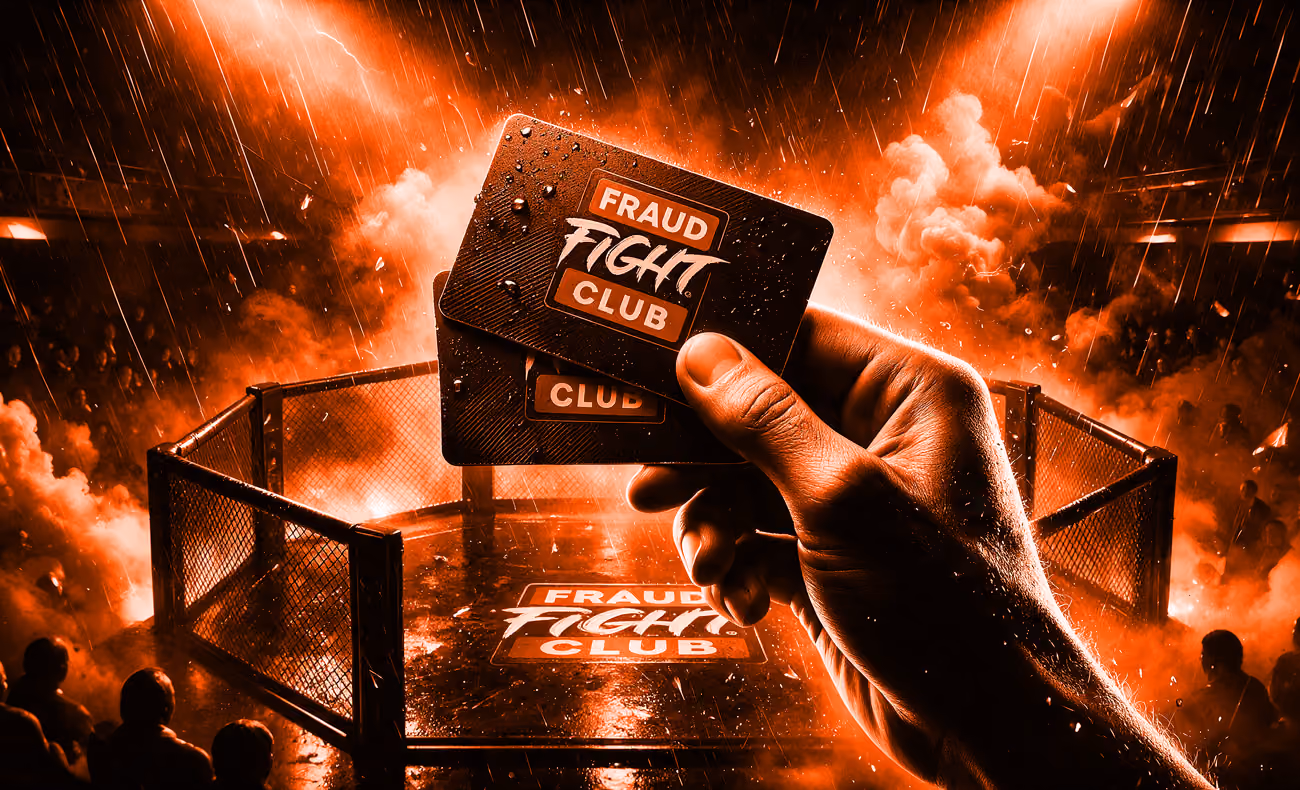 A hand holding Fraud Fight Club tickets above the cage in the rain