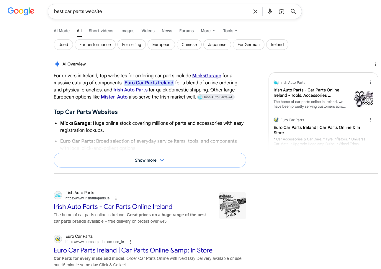 Google search results with an AI Overview filling the top of the page