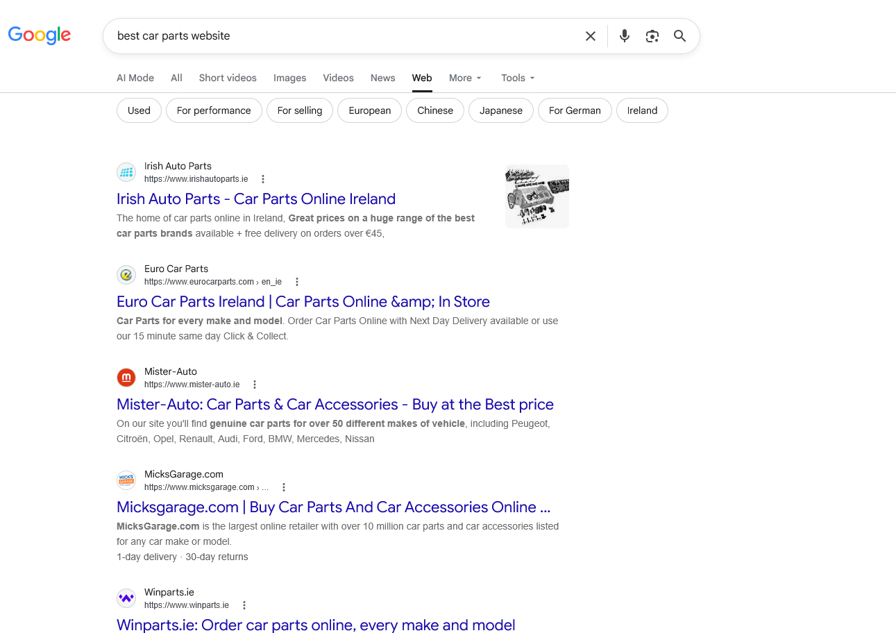 The same Google search with AI results filtered out, showing ordinary links at the top