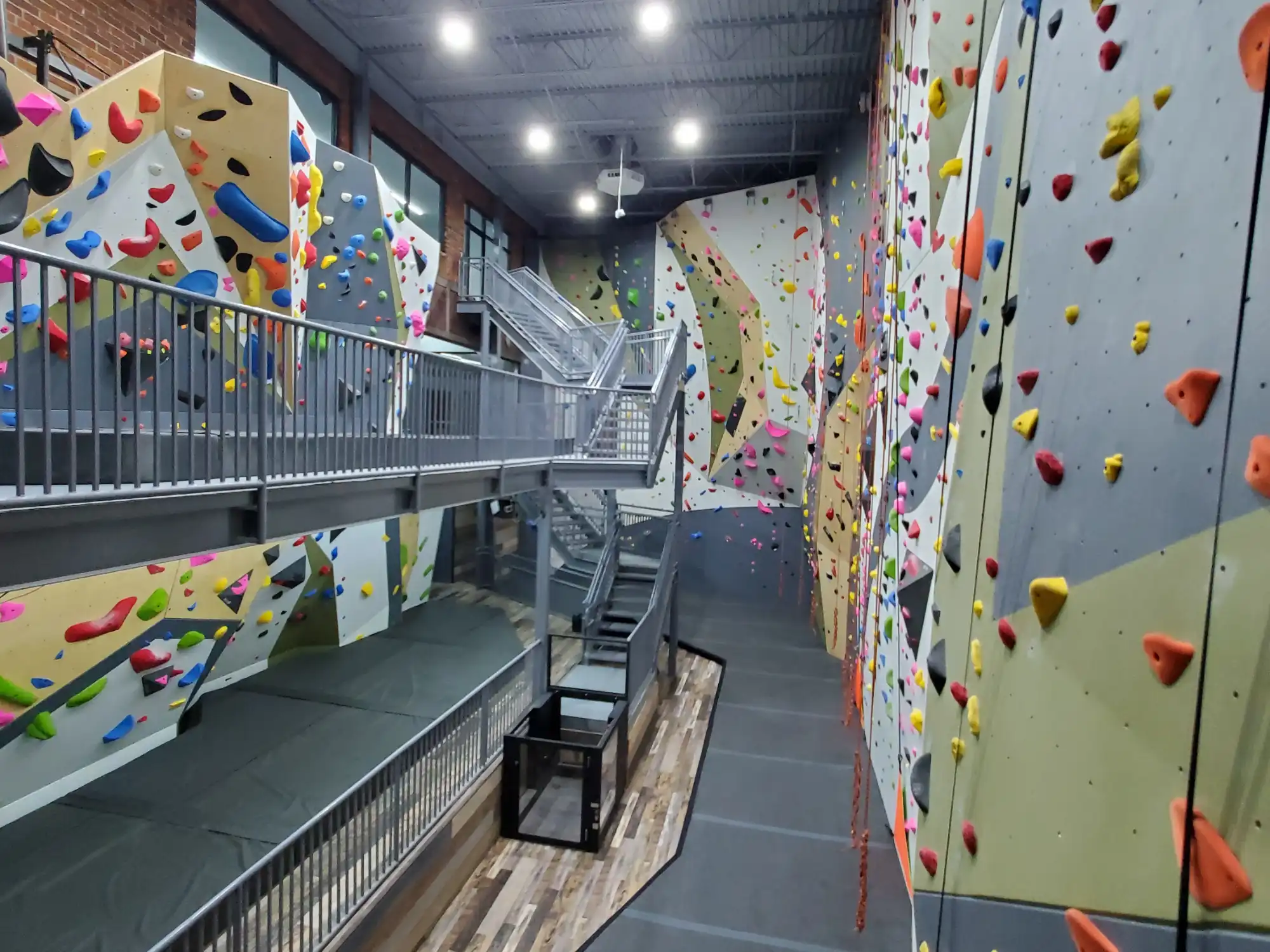 Outdoor artificial climbing boulders with colorful holds on wood chip ground surrounded by trees.