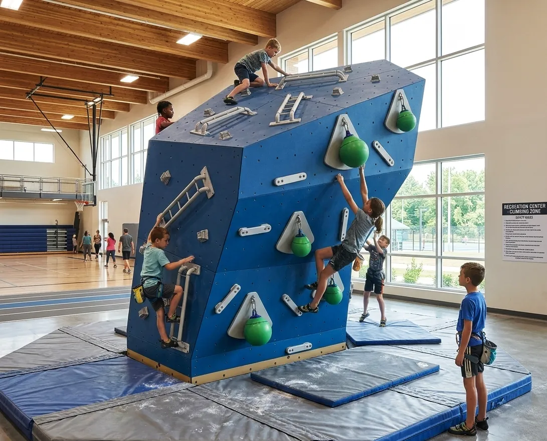 Two men assembling a large blue and yellow wooden structure outdoors on grass near a school building.