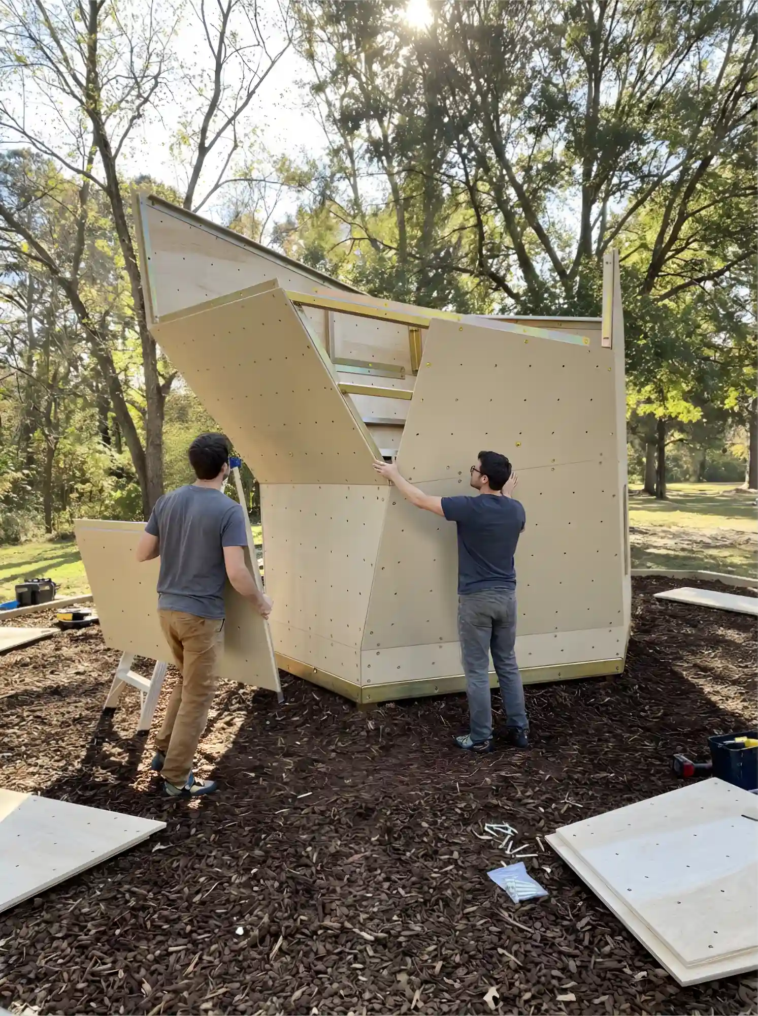 Man crouched outdoors working with tools on a large metallic structure surrounded by wood chips.