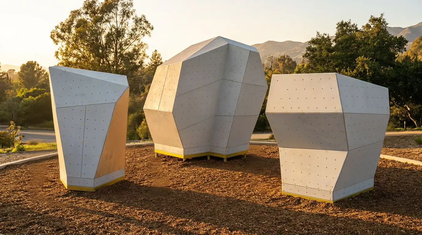 Three large, geometric climbing boulders set outdoors on wood chips with trees and mountains in the background at sunset.