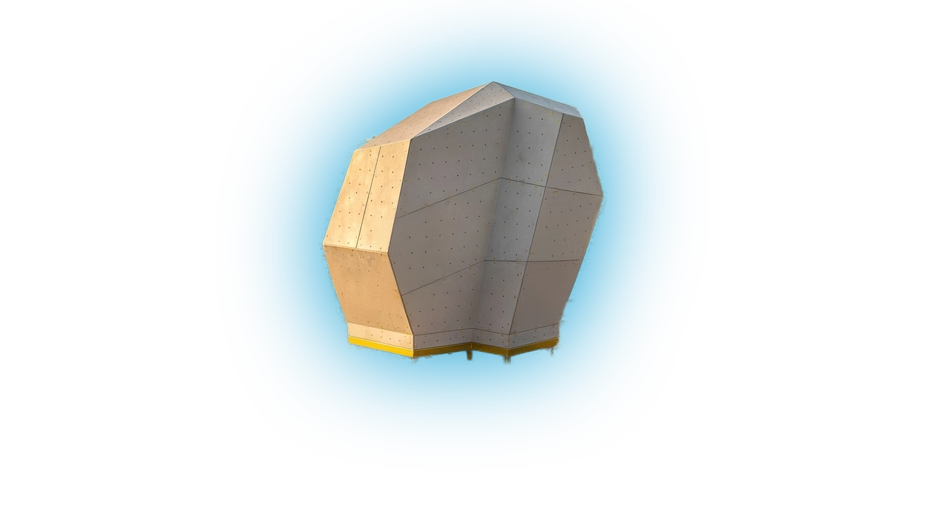 Large geometric climbing boulder structure with multiple angled panels.