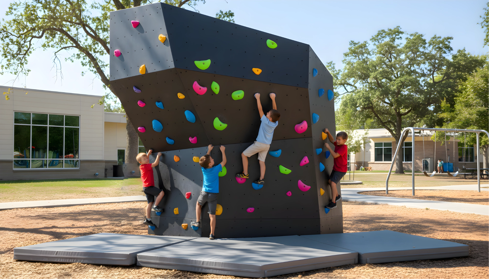 Children climbing on a large outdoor climbing boulder surrounded by green hills and a ski lift in the background.
