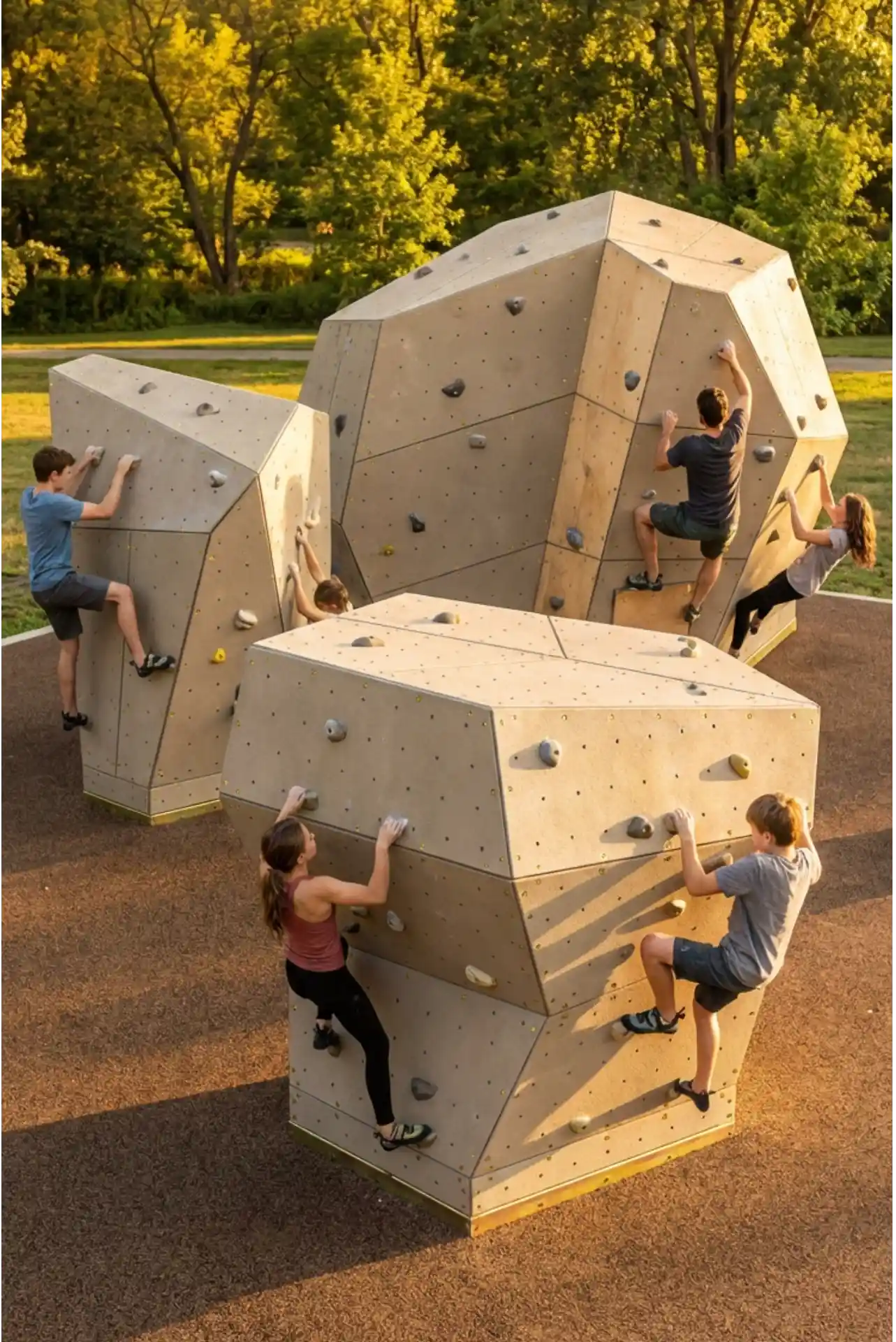 Six children climbing on three large geometric outdoor bouldering walls in a park during golden hour.